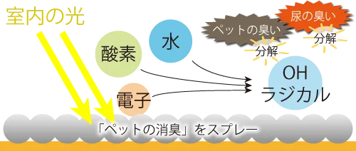 「ペットの消臭」をスプレーすると、部屋の光でOHラジカルが発生し、ペットの匂いや尿の臭いを酸化分解