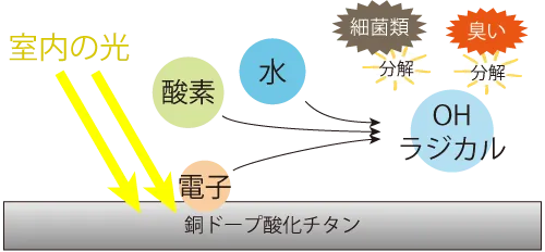 銅ドープ酸化チタンによる分解消臭・抗菌防臭メカニズム