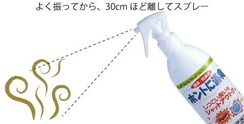 消臭スプレー「ホントに消臭」はボトルをよく振ってから30cmほど離してスプレーする