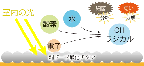 銅ドープ酸化チタンは室内の光で細菌や匂いを分解